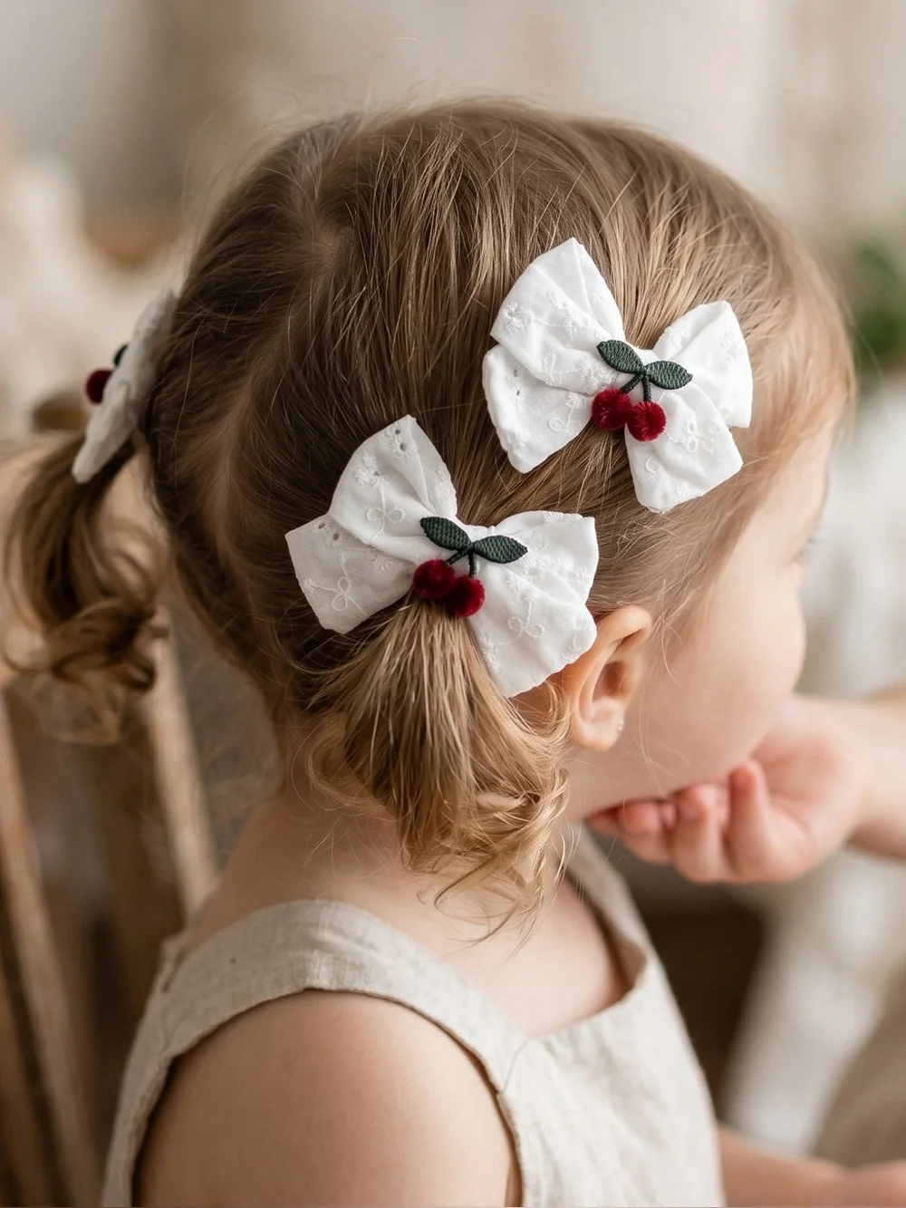 Handmade White Eyelet Cherry Hair Bows – Set of 2